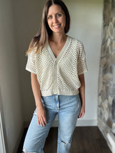 Load image into Gallery viewer, cream crochet short sleeve button cardigan