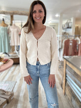 Load image into Gallery viewer, ivory knit cardigan with hook + eye front
