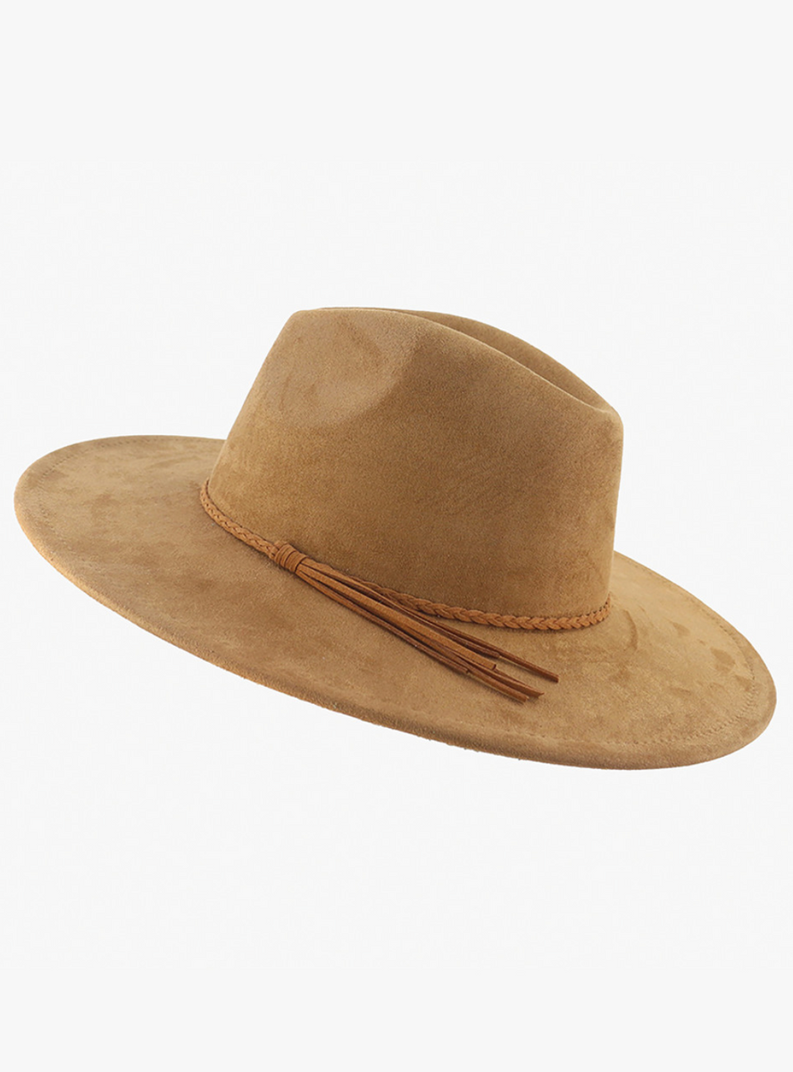 Suede Wide-Brim Fedora Hat with Beaded Band - Camel Granger-Camel-Felt-Fedora-  main image 2