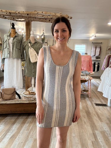 denim + cream stripe knit dress