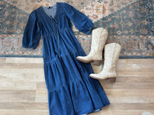 Load image into Gallery viewer, dark denim tie front tiered midi dress