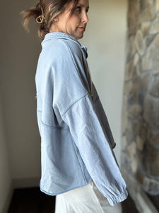 denim blue half zip french terry pullover