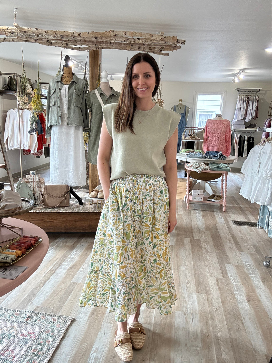 ivory green floral button midi skirt