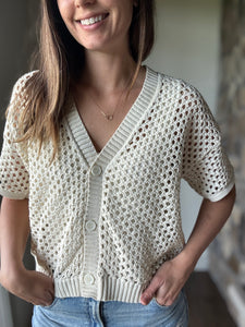 cream crochet short sleeve button cardigan