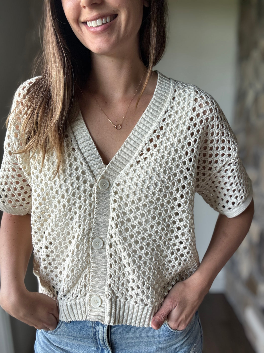 cream crochet short sleeve button cardigan