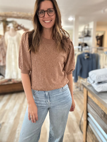 brown jacquard half sleeve sweatshirt