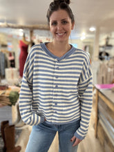 Load image into Gallery viewer, blue + ivory stripe button down cardigan
