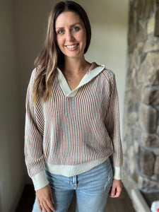 camel+cream ribbed hooded sweater