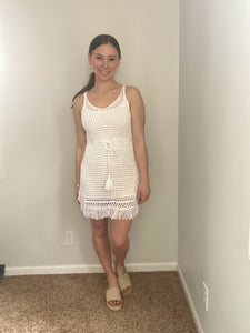 white crochet fringe dress+cover up