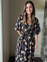 Load image into Gallery viewer, midnight rose floral sweetheart midi dress