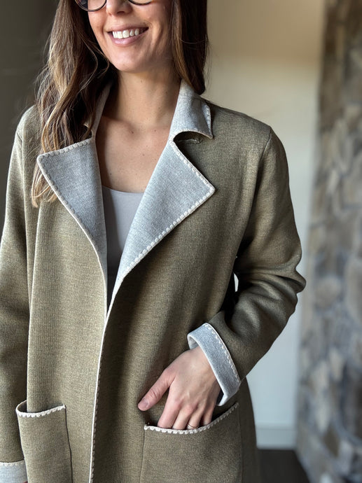 heathered olive coatigan with contrast grey