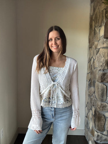 white crochet knit tie front top