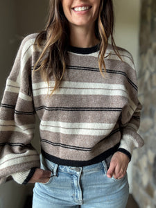 taupe, cream + black stripe loose fit sweater