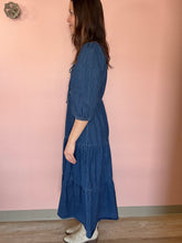 Load image into Gallery viewer, dark denim tie front tiered midi dress