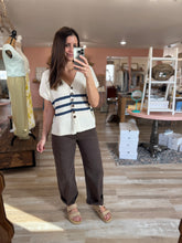 Load image into Gallery viewer, cream + navy stripe button top