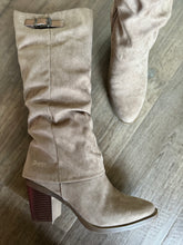 Load image into Gallery viewer, blowfish tall taupe microsuede heeled boot