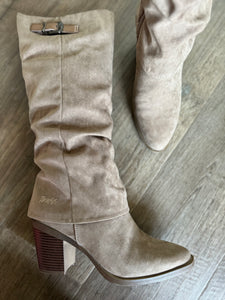 blowfish tall taupe microsuede heeled boot