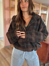 Load image into Gallery viewer, brown + green plaid sherpa jacket