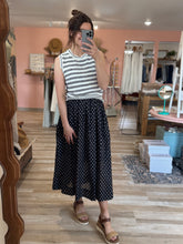 Load image into Gallery viewer, black + white polka dot midi skirt