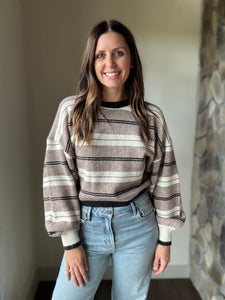 taupe, cream + black stripe loose fit sweater