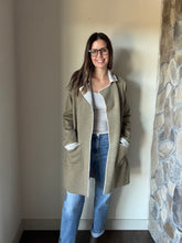 Load image into Gallery viewer, heathered olive coatigan with contrast grey