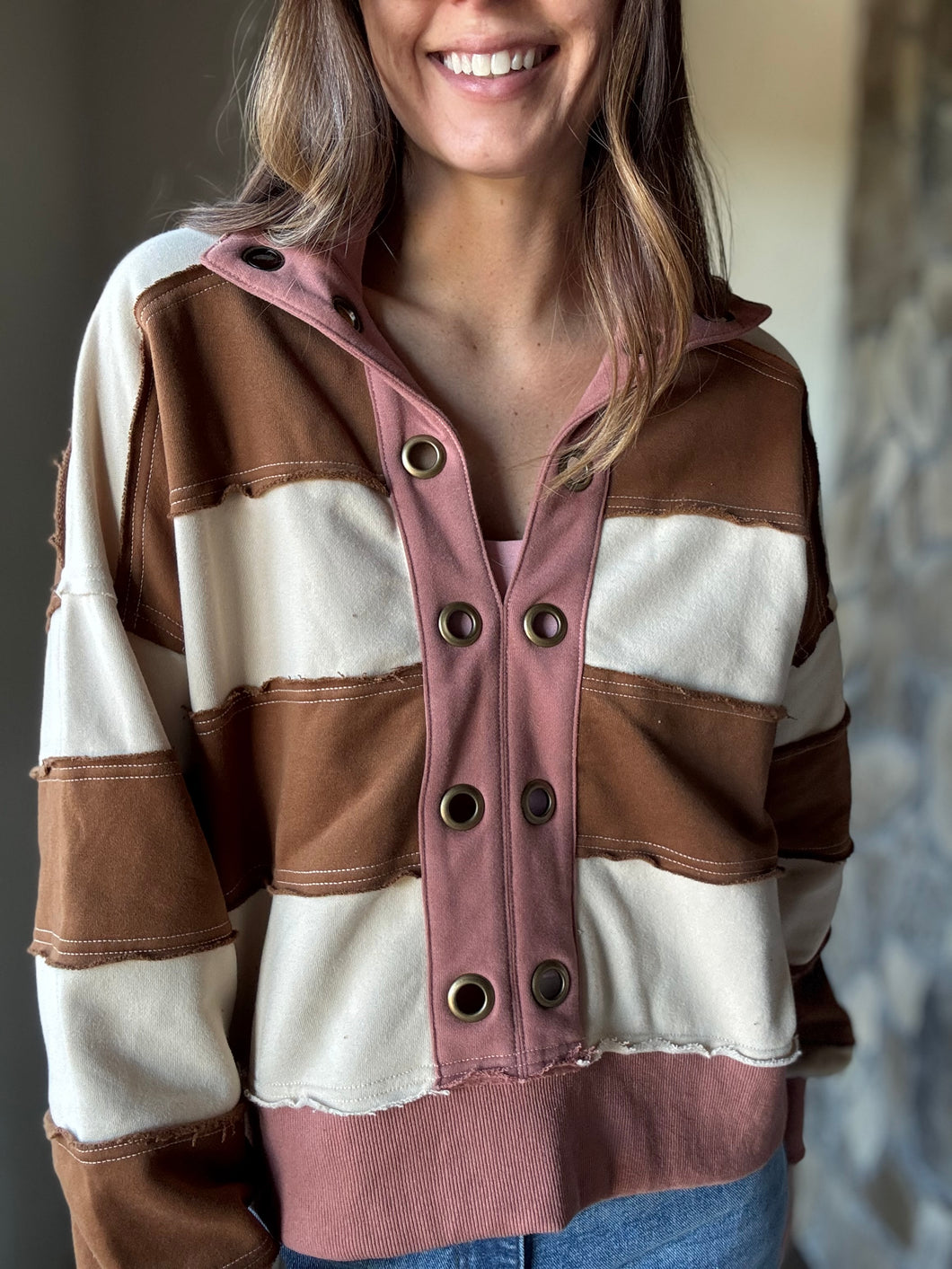 mauve + golden brown striped pullover