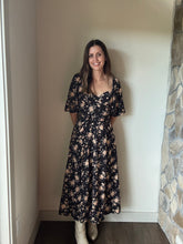 Load image into Gallery viewer, midnight rose floral sweetheart midi dress