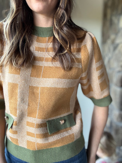 THML gold + green plaid half sleeve sweater
