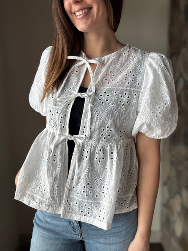 sunday stroll white eyelet front tie top