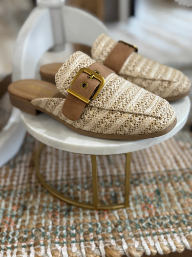 raffia slip-on mule with leather contrast buckle