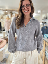 Load image into Gallery viewer, grey chunky sweater with denim contrast