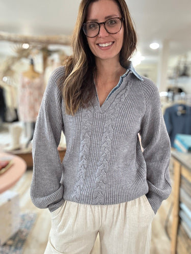 grey chunky sweater with denim contrast