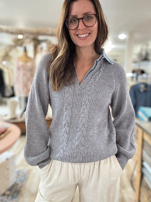 grey chunky sweater with denim contrast