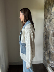 chunky knit cardigan with denim layer