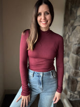 Load image into Gallery viewer, burgundy ribbed mock neck with thumb holes
