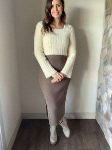 SAGE THE LABEL kalli side slit sweater midi olive skirt