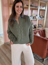 Load image into Gallery viewer, olive sweater + denim shirt mix