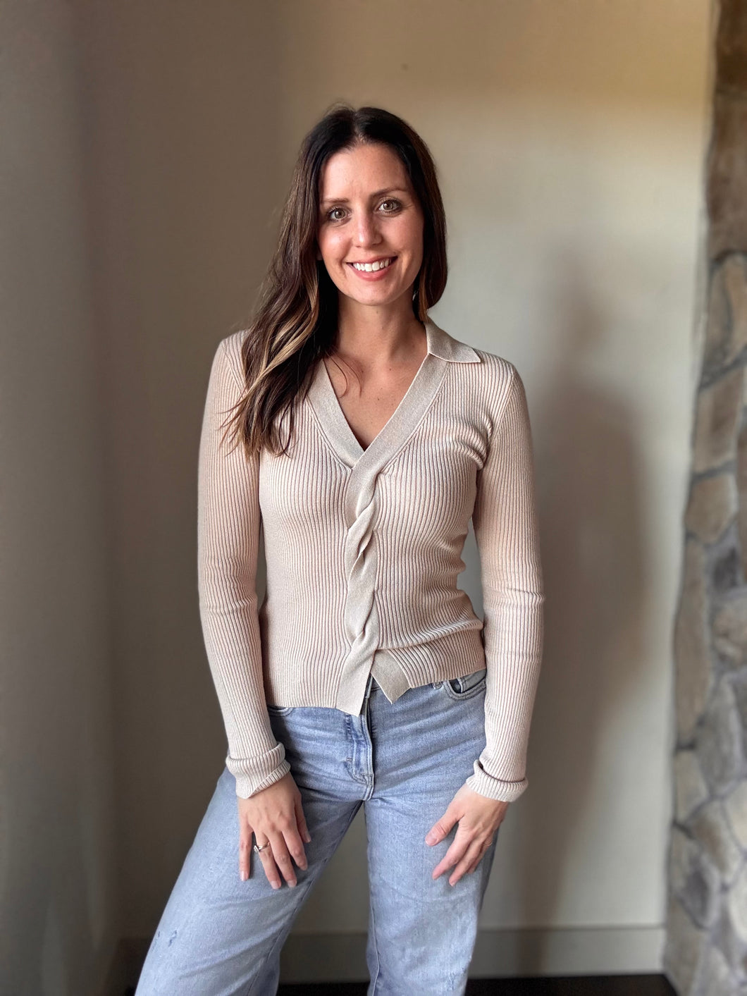 taupe twist front collared sweater top
