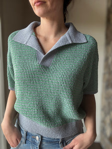 green + blue knit short sleeve collared top