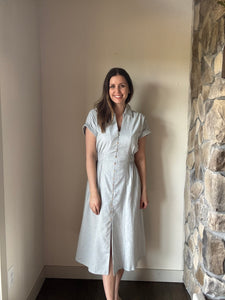 dusty blue button down collared cotton dress