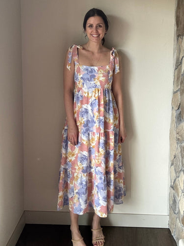 watercolor floral tie strap midi dress