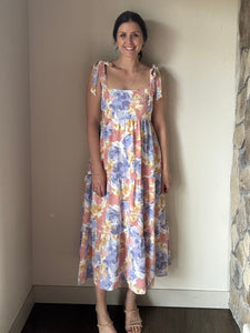 watercolor floral tie strap midi dress