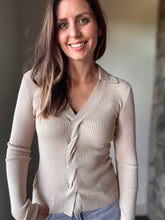 Load image into Gallery viewer, taupe twist front collared sweater top