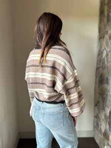 taupe, cream + black stripe loose fit sweater