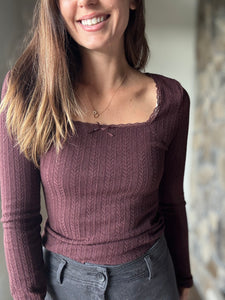 bordeaux pointelle knit long sleeve top