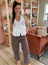 Load image into Gallery viewer, embroidered floral tie front peplum top