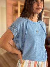 Load image into Gallery viewer, bright blue crochet lace top