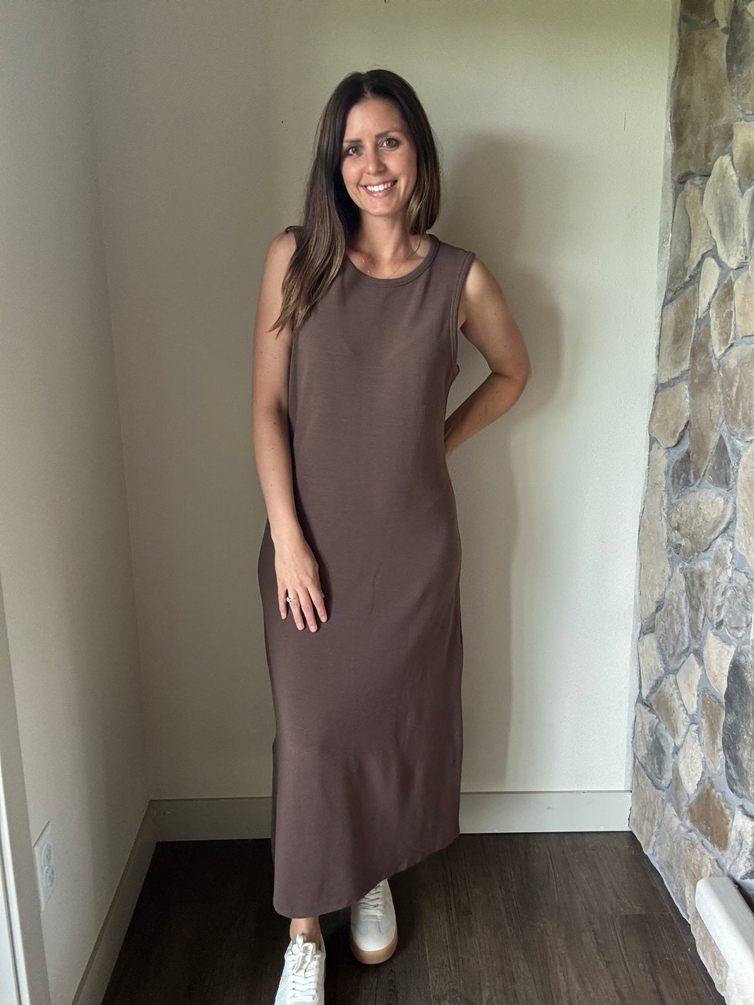 chocolate knit minimalist midi dress