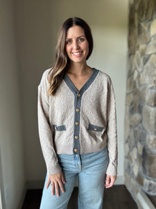 taupe checkered weave button cardigan