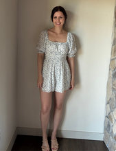Load image into Gallery viewer, white + blue floral romper